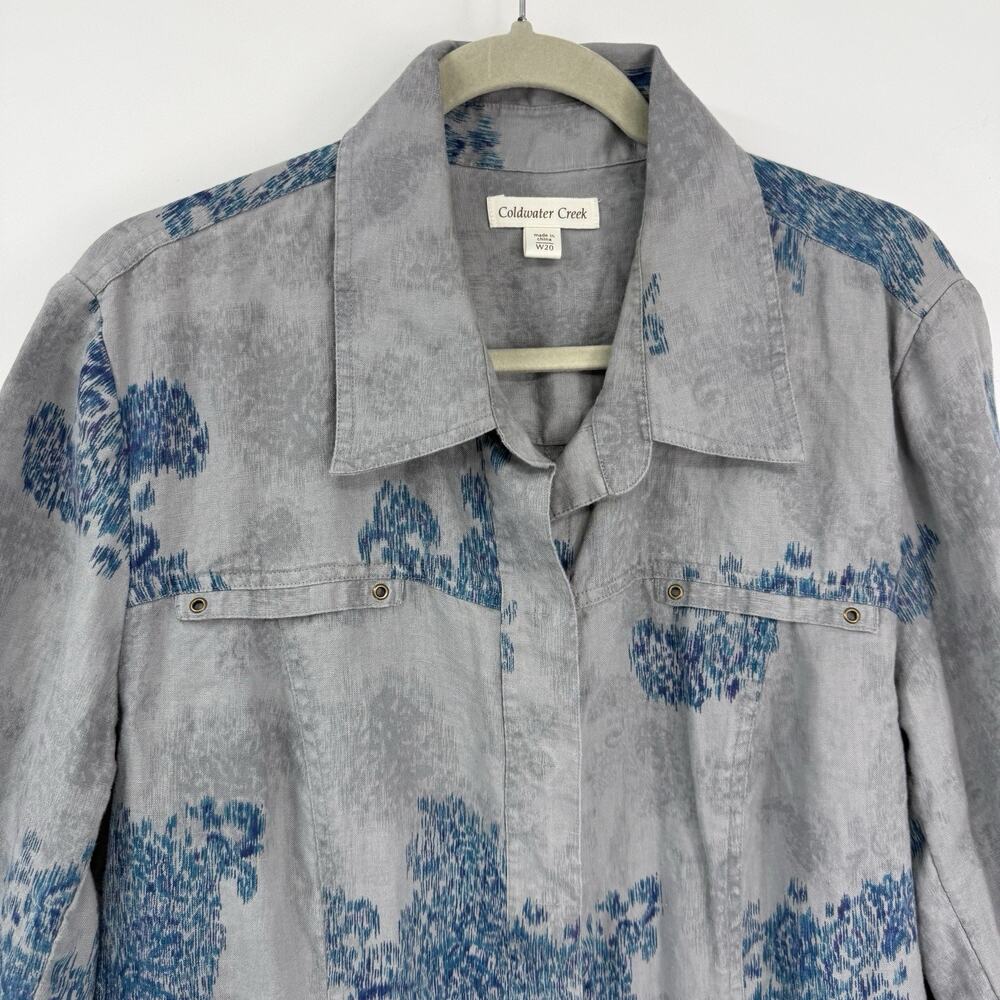 Coldwater Creek 20W Linen Shacket Blue Gray Watercolor Snap Shirt Jacket Boho - Picture 5 of 13